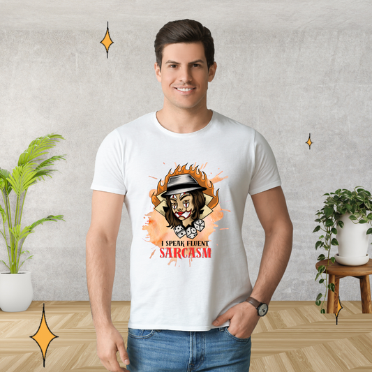 "I Speak Fluent Sarcasm" Men's Graphic T-Shirt – Bold Flame Design with Edgy Cartoon Character