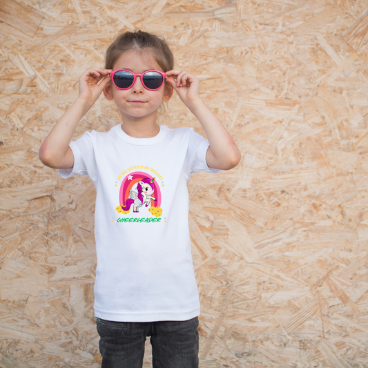 My Big Sister Is My Cheerleader Girls T-Shirt – Cute Unicorn & Rainbow Design
