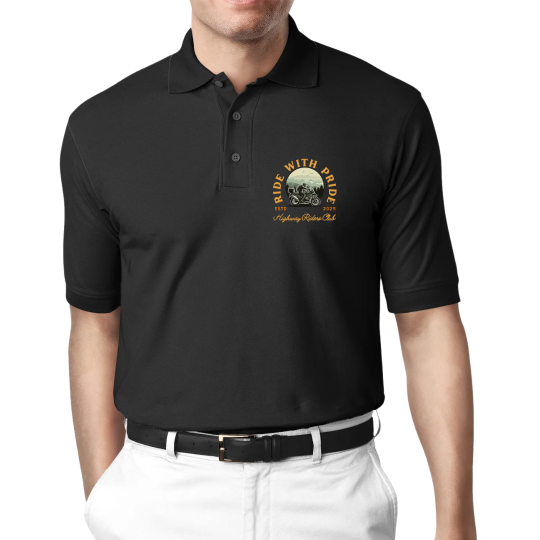 Men’s Polo T-Shirt – “Ride With Pride” Biker Graphic | Highway Riders Club