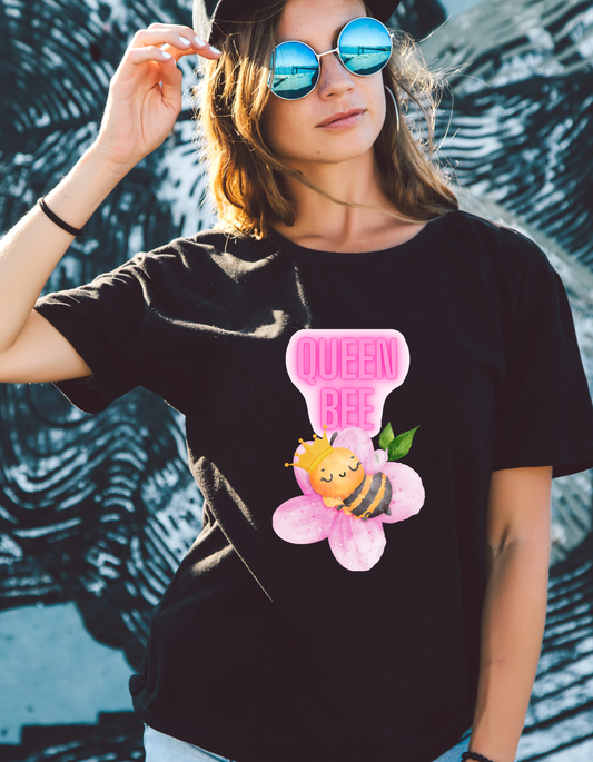 Queen Bee Cute Graphic T-Shirt for Women – Floral Bee with Crown – Sassy Empowerment Tee