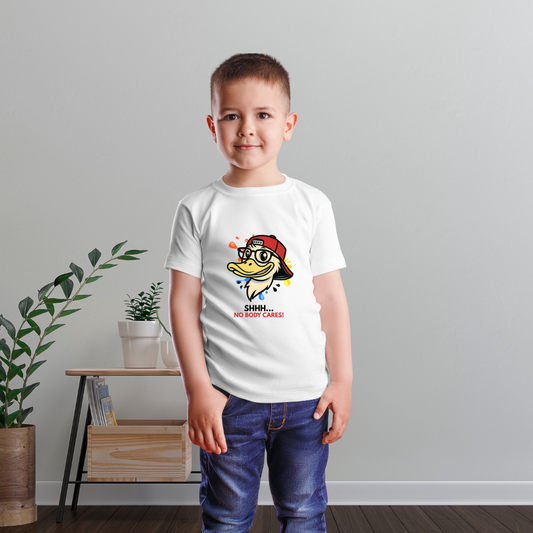 Cartoon Duck Graphic with "Shhh… No body Cares! - Comfortable Cotton Tee for Kids
