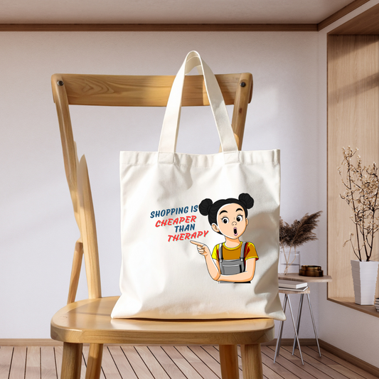 "Shopping Is Cheaper Than Therapy" Zipper Tote Bag – Funny Cartoon Girl Design, Stylish Canvas Shopper
