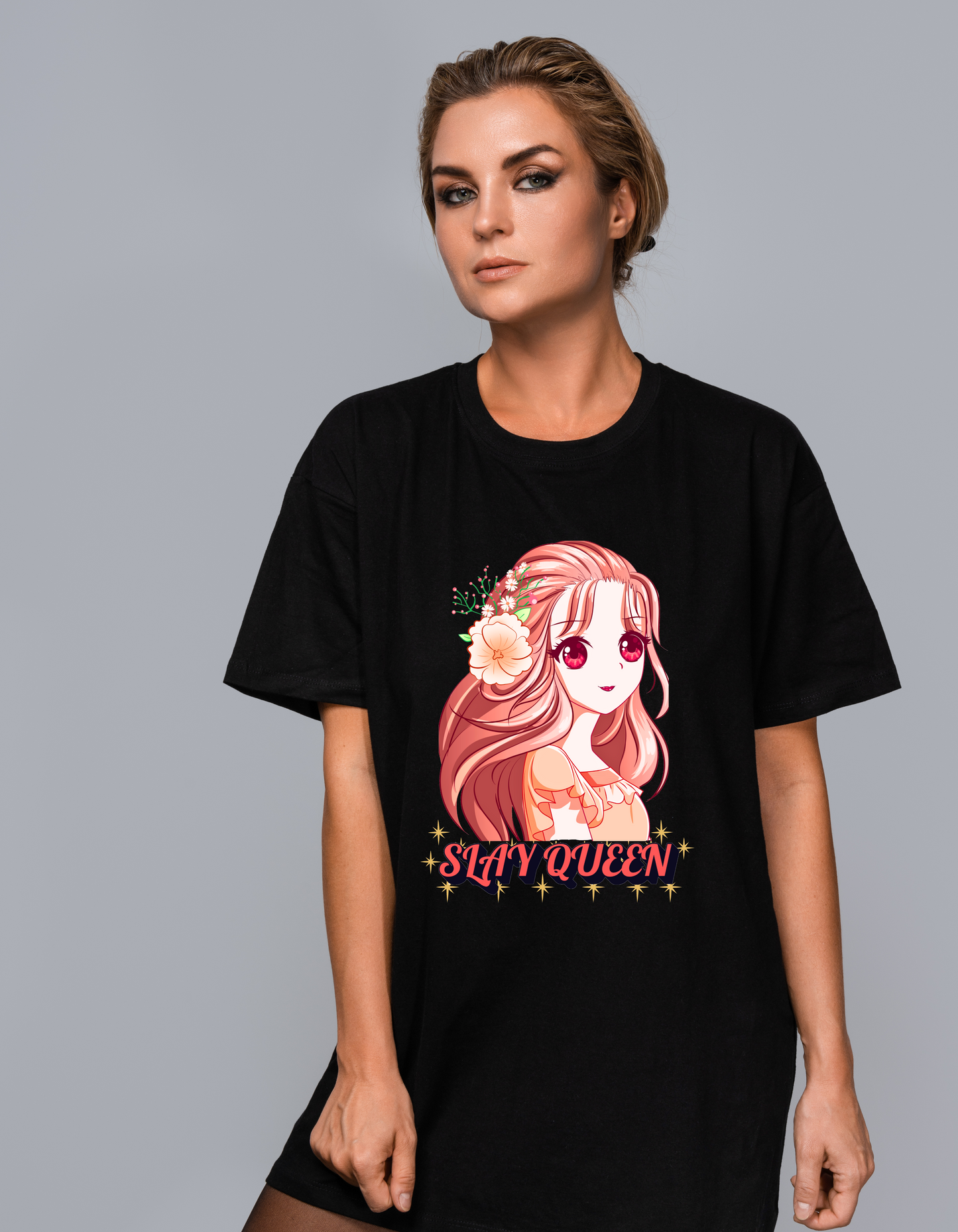 Slay Queen Women's T-Shirt – Floral Anime Girl Graphic Tee for Confident Style