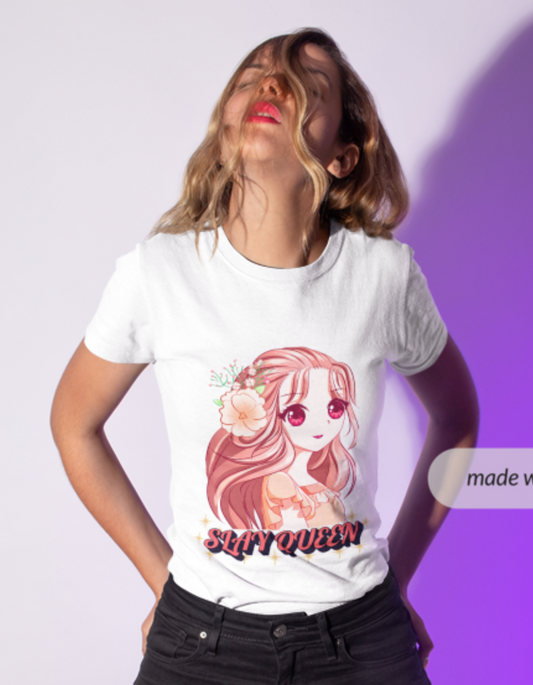 Slay Queen Women's T-Shirt – Floral Anime Girl Graphic Tee for Confident Style