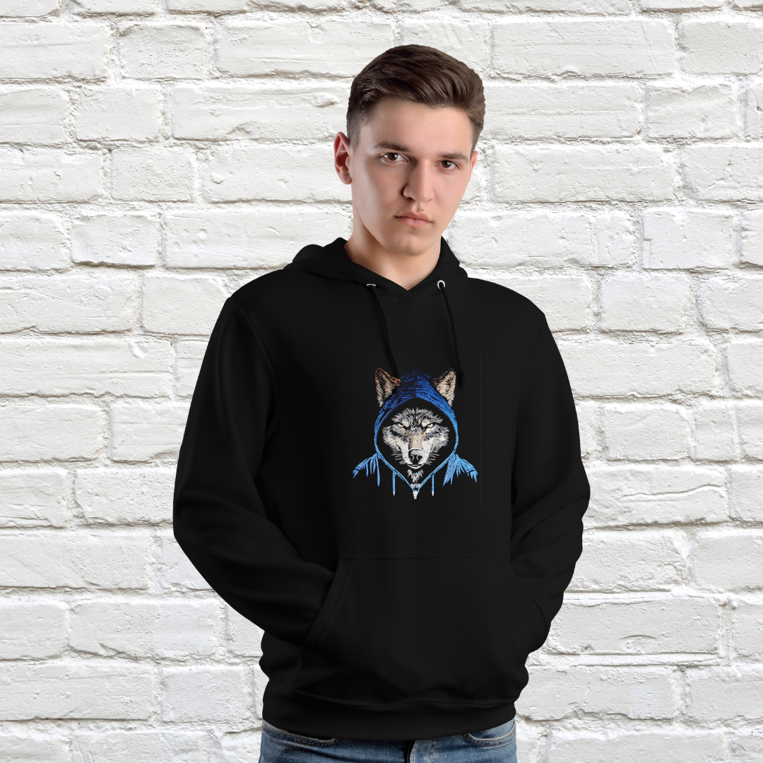 Angry Wolf Hoodie for Men | Fierce Wolf-in-Hood Design | Black Streetwear Pullover