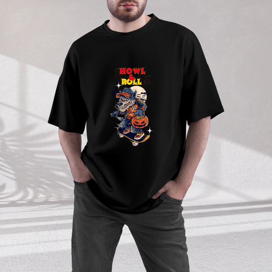 Howl & Roll Halloween Oversized T-Shirt – Skateboarding Witch Graphic Tee