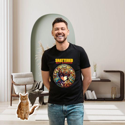 "Shattered But Strong" Anime Graphic T-Shirt for Men – Bold Stained Glass Style, Empowering Quote Tee