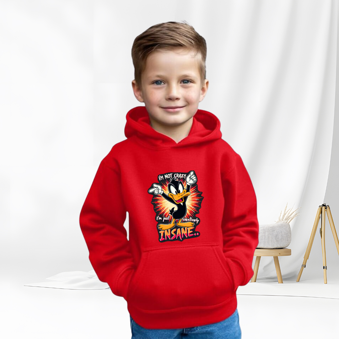"I'm Not Crazy I'm Creatively Insane" Daffy Duck Kids Hoodie – Funny Cartoon Graphic Sweatshirt for Boys & Girls